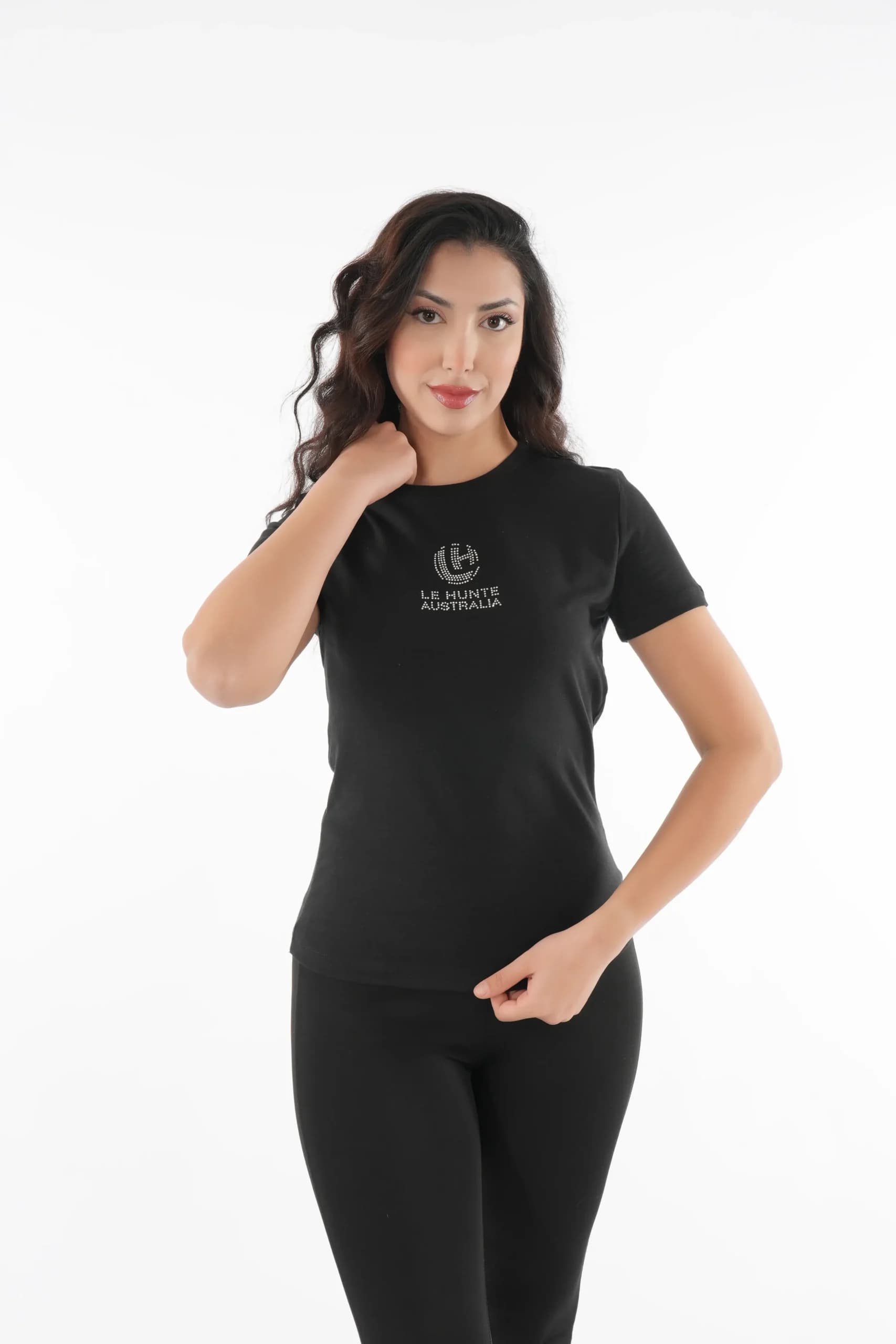 Rhinestone Logo Fitted Tee - Crew Neck Short Sleeve Top