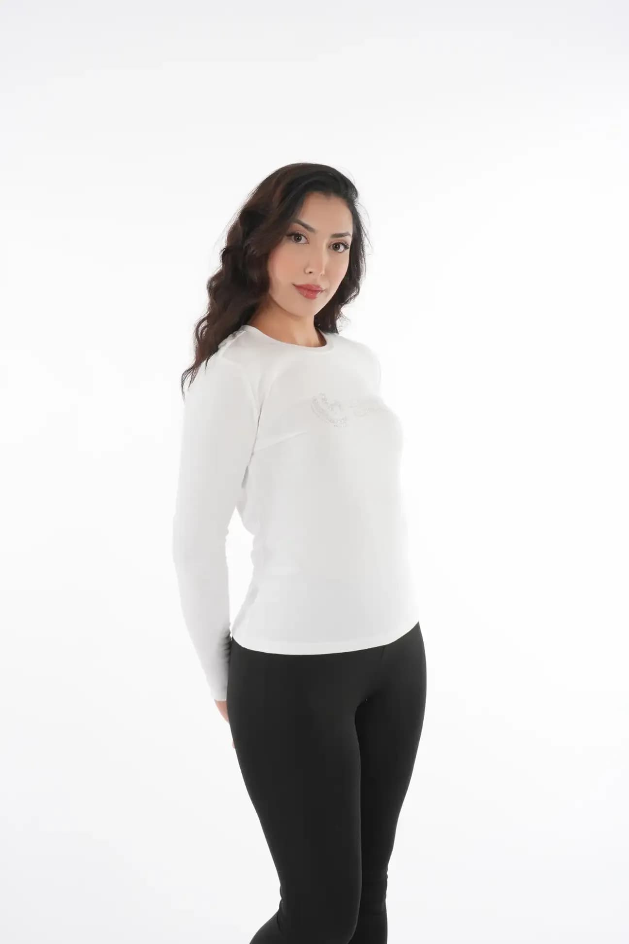 Rhinestone Logo Fitted Long Sleeve - Crew Neck Top