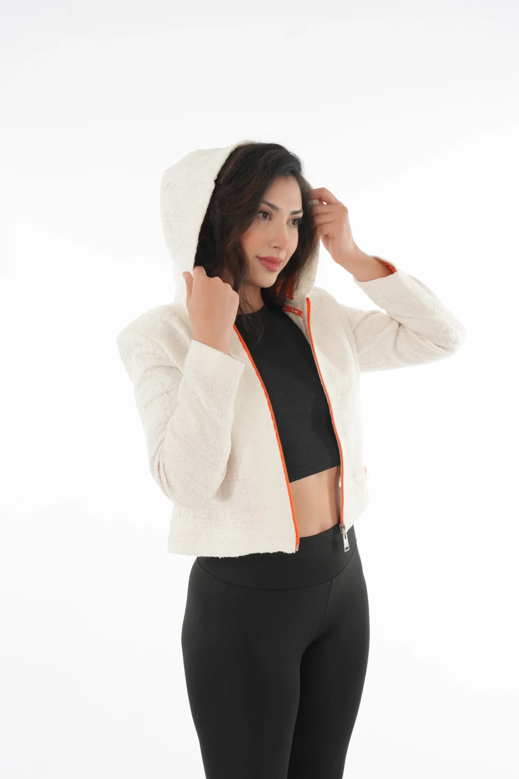 Zip-Front Cropped Tweed Jacket - Hooded Outerwear view 3