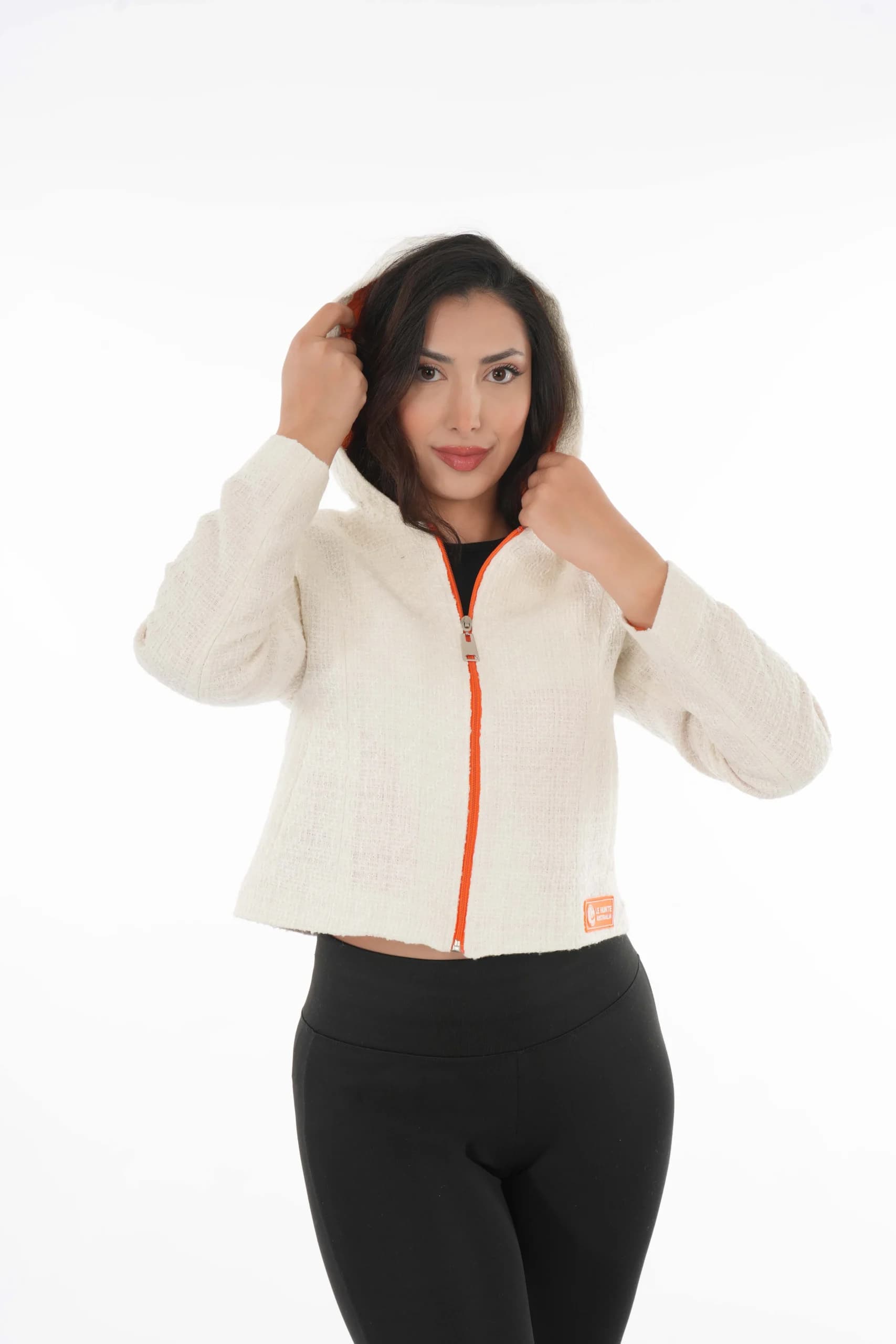Zip-Front Cropped Tweed Jacket - Hooded Outerwear view 4