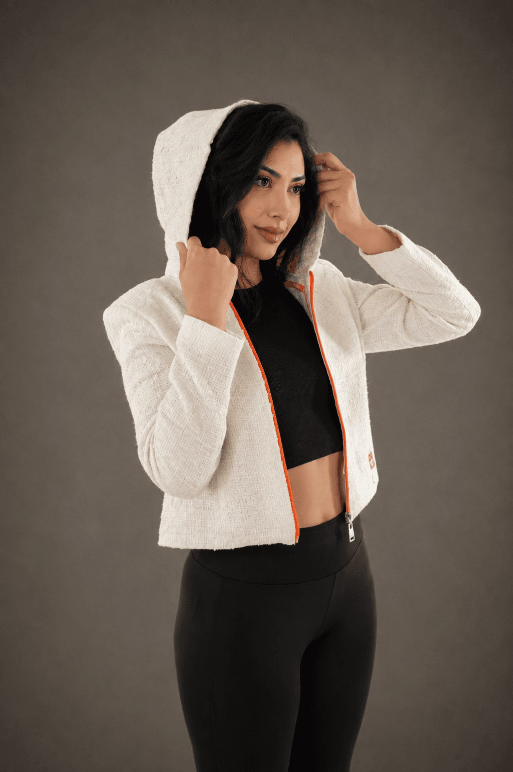 Zip-Front Cropped Tweed Jacket - Hooded Outerwear view 1