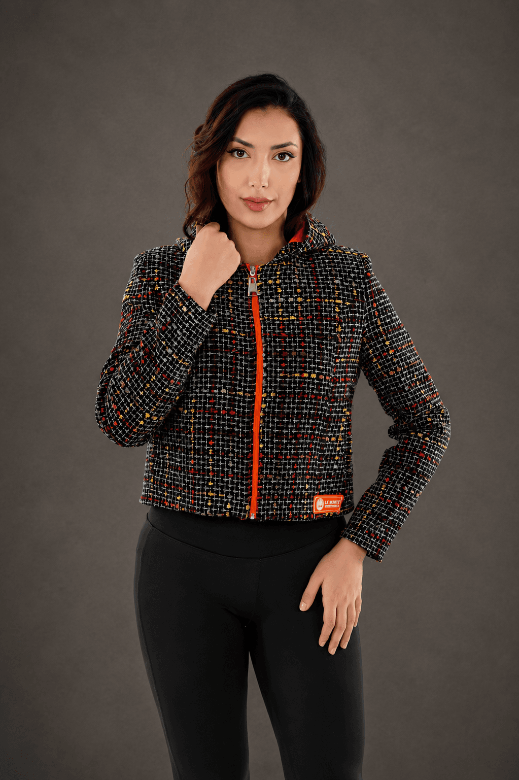 Zip-Front Cropped Tweed Jacket - Hooded Outerwear
