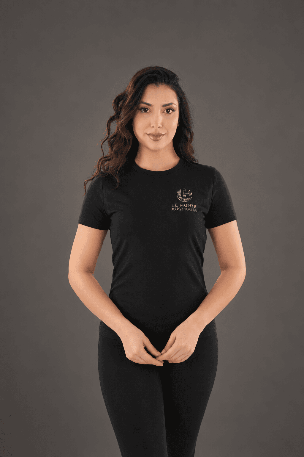 Rhinestone Logo Fitted Tee - Crew Neck Short Sleeve Top