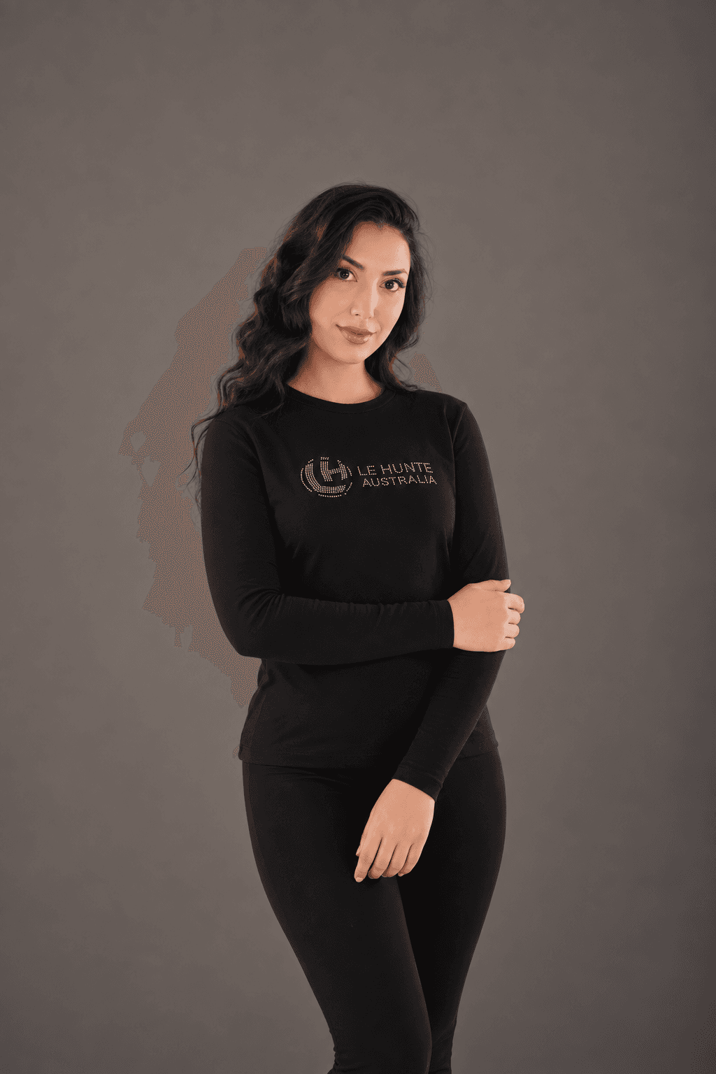 Rhinestone Logo Fitted Long Sleeve - Crew Neck Top