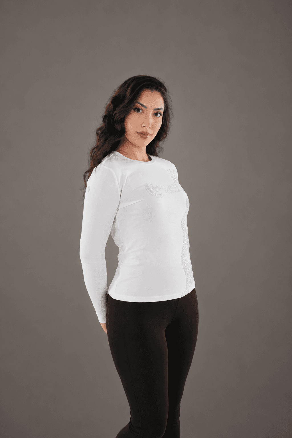Rhinestone Logo Fitted Long Sleeve - Crew Neck Top